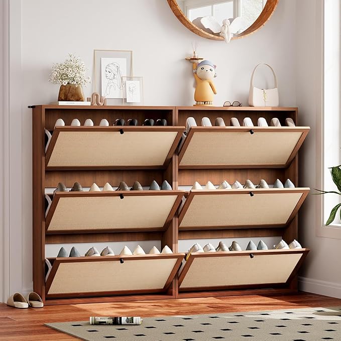 Narrow Shoe Storage Cabinet with 3 Flip Drawers, Wood Shoes Cabinet with Linen Doors Drawer, Freestanding Shoe Organizer Slim Shoe Cabinet Storage Shoe Rack for Entryway Hallway (Walnut)