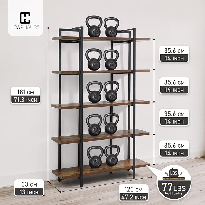 CAPHAUS 5-Tier Book Shelf, 71” H Vintage Industrial Bookcase with Open Display Shelving, Wooden and Metal Shelving Unit, Bookshelves and Bookcases, Stand Shelf for Bedroom, Home Office, Rustic Oak
