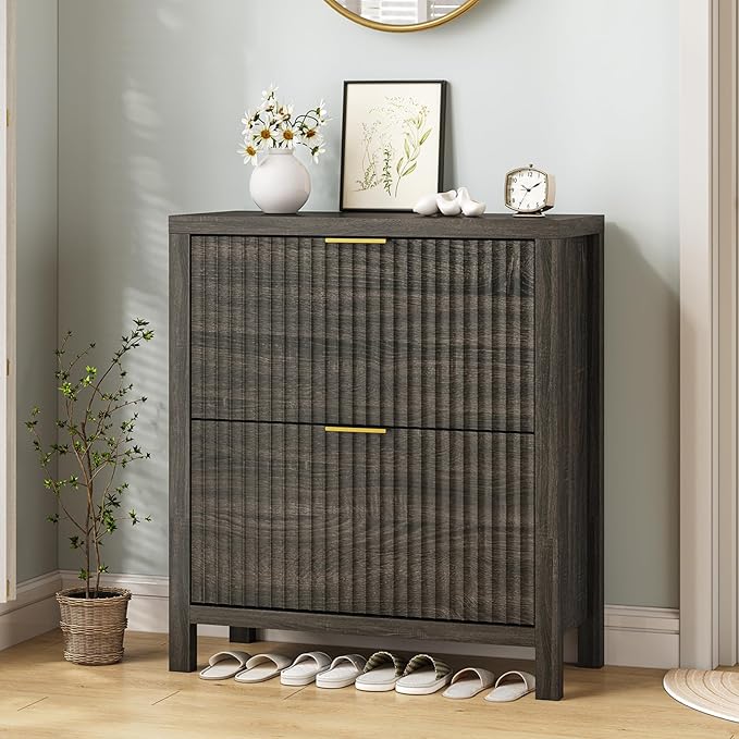 Shoe Cabinet Storage for Entryway, Fluted Shoe Cabinet with 2 Flip Drawers, Hidden Shoe Rack Tall Freestanding Shoe Organizer with Legs for Hallway, Dark Gray