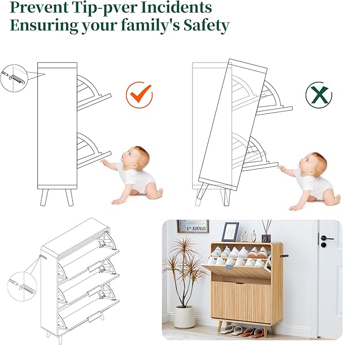 Narrow Shoe Cabinet for Entryway, Fluted Shoe Cabinet Storage with 2 Flip Drawers, Slim Shoes Rack Organizer (Natural)