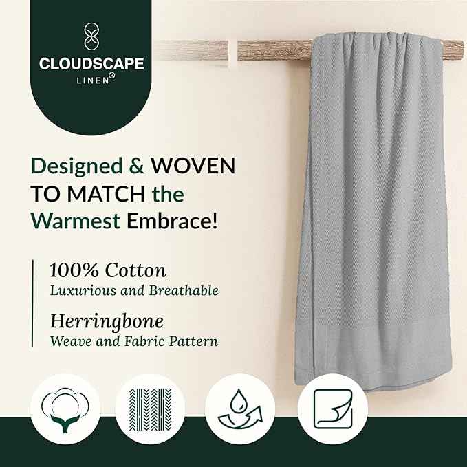 Herringbone Cotton Twin Blanket for Couch, Bed,Sofa, Home Decor, Soft, Lightweight, All-Season Bed Blanket, 68 x92, Light Grey