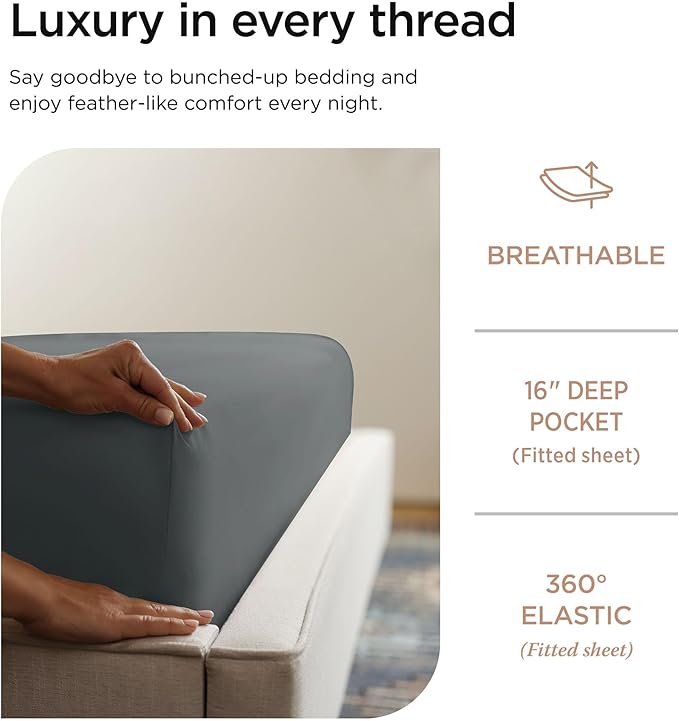 Threadmill 100% Cotton Sheets for Full Size Bed - 600 Thread Count Full Bed Sheets Set with 16” Deep Pocket - Sateen Weave 4-Piece Bedding Set with Cooling Effect, Dark Grey