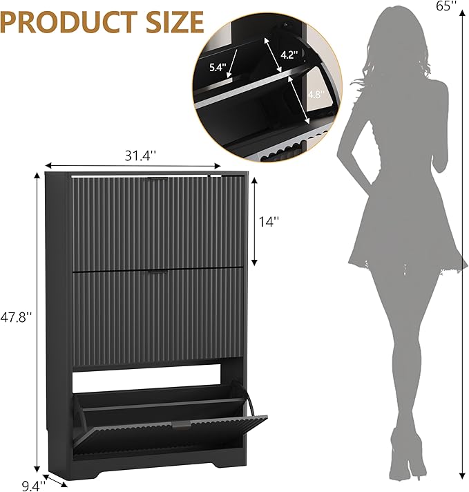 Shoe Cabinet Storage for Entryway with 3 Flip Drawers, Black Fluted Shoe Cabinet with Adjustable Shelves, Wooden Hidden Shoe Rack Freestanding Narrow Slim Shoes Storage for Hallway, Entrance