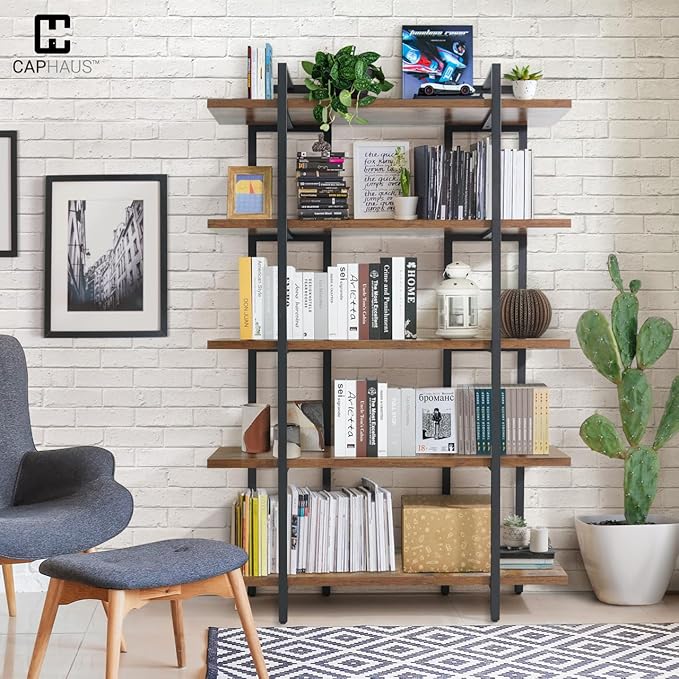 CAPHAUS 5-Tier Book Shelf, 71” H Vintage Industrial Bookcase with Open Display Shelving, Wooden and Metal Shelving Unit, Bookshelves and Bookcases, Stand Shelf for Bedroom, Home Office, Rustic Oak