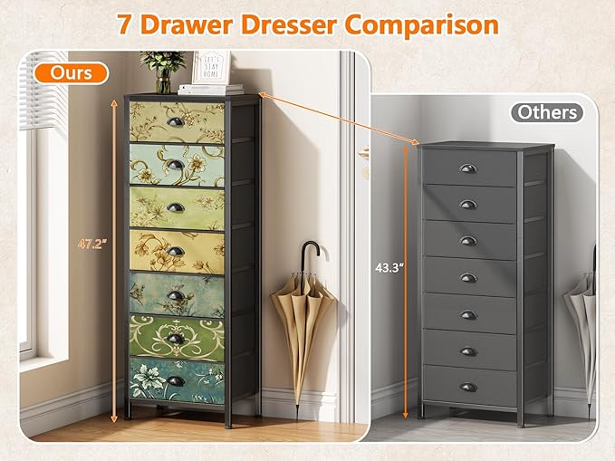 Furnulem Tall Dresser for Bedroom with 7 Fabric Drawers, Vintage Dressers & Chest of Drawers, Vertical Storage Tower Organizer Unit Retro Bedside Furniture in Closet,Living Room,Nusery,Dorm,Entryway