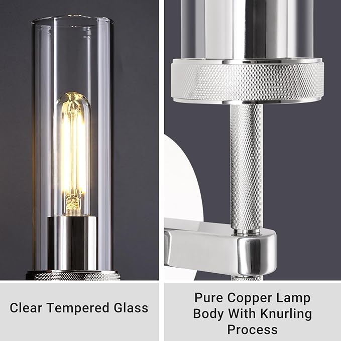 Wall Sconces Lights Indoors, 14" Knurled Linear Sconce, Nickel Bathroom Wall Sconces, Glass Tube Vanity Sconces Wall Lighting, Wall Lights for Mirror, Living Room, Bedroom, Hallway (Bulb Included)