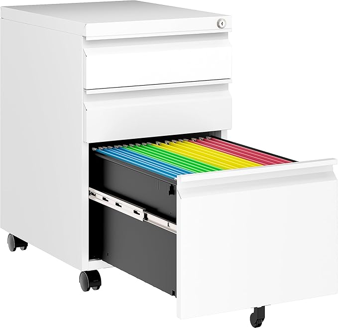 3 Drawer File Cabinet with Wheels,Under Desk File Cabinet with Lock,White Rolling Filing Cabinets,Three Drawer Metal Filing Cabinet for Home Office,Fit A4/Letter/Legal,Fully Assembled Except Caster