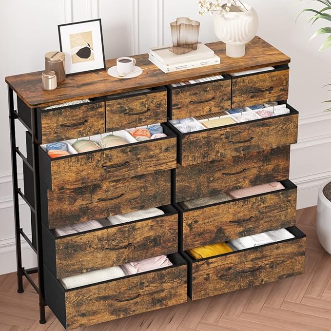 Dresser for Bedroom with 12 Drawers, Tall Fabric Drawer Dresser, Chest of Drawers for Closet, Nursery, Bedside, Living Room, Laundry, Entryway, Hallway(Rustic Brown)