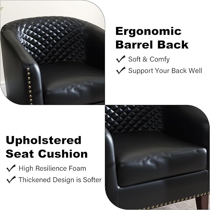 Accent Barrel Chair, Upholstered Faux Leather Club Chair with Nailed Trim, Comfy Reading Armchair for Living Room Bedroom Reception Room Office (Black, Set of 2)