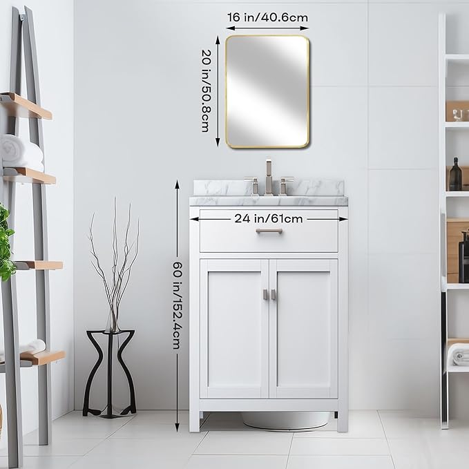 Wall Mount Mirror for Bathroom, Brushed Gold Metal Framed Rounded Corner Rectangular Vanity Mirror (16" x 20", Gold)