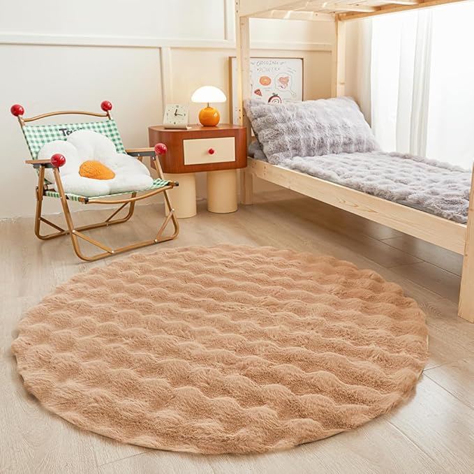Coffee Round Rabbit Plush Rug for Bedroom Living Room Sofa,4'X4' Faux Fur Fluffy Shaggy Circle Rug for Kids Teen Girls Room,Furry Carpet Circular Rugs for Nursery Baby Room