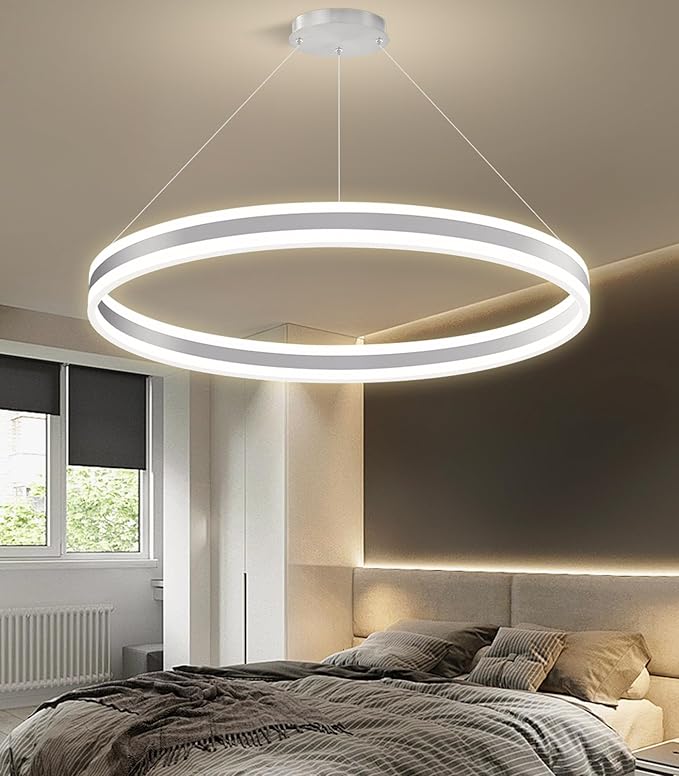 D31.5'' Modern Ring Chandelier for Dining Room LED Dimmable Pendant Lighting High Ceiling Chandelier for Living Room Foyer Bedroom Entryway 3000K-6000K Silver