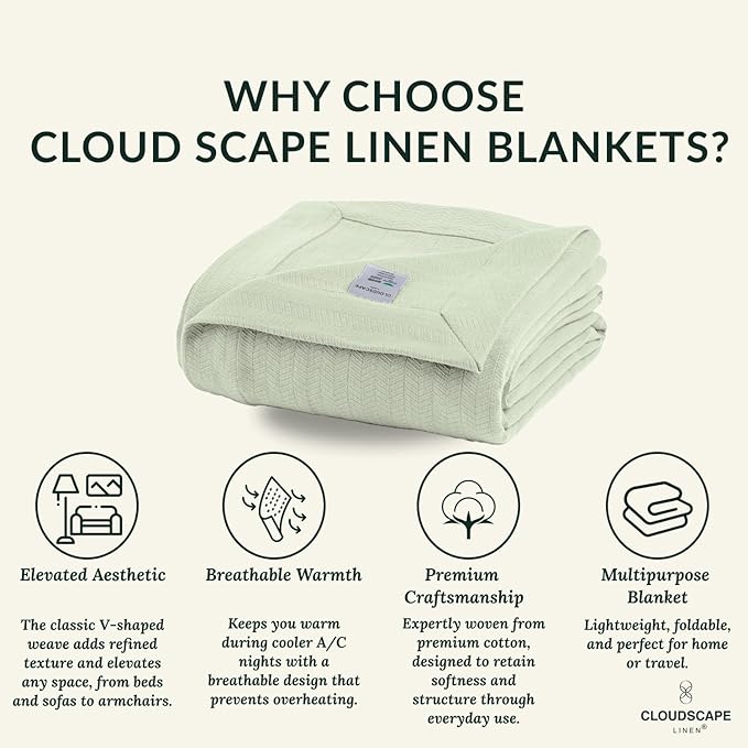 Cloud Scape Linen Herringbone Cotton Throw Blanket for Couch, Bed,Sofa, Home Decor, Soft, Lightweight, All-Season Bed Blanket, 50 x 70, Seafoam Green