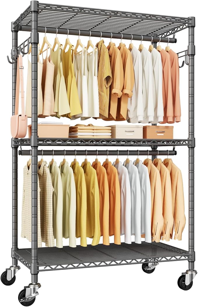 P1 Rolling Clothing Rack with Lockable Wheels, Heavy-Duty Garment Rack for Hanging Clothes, Portable Closet Wardrobe with Shelves, 35.5" W x 15.7" D x 80.5" H, Hold 500lbs, Grey