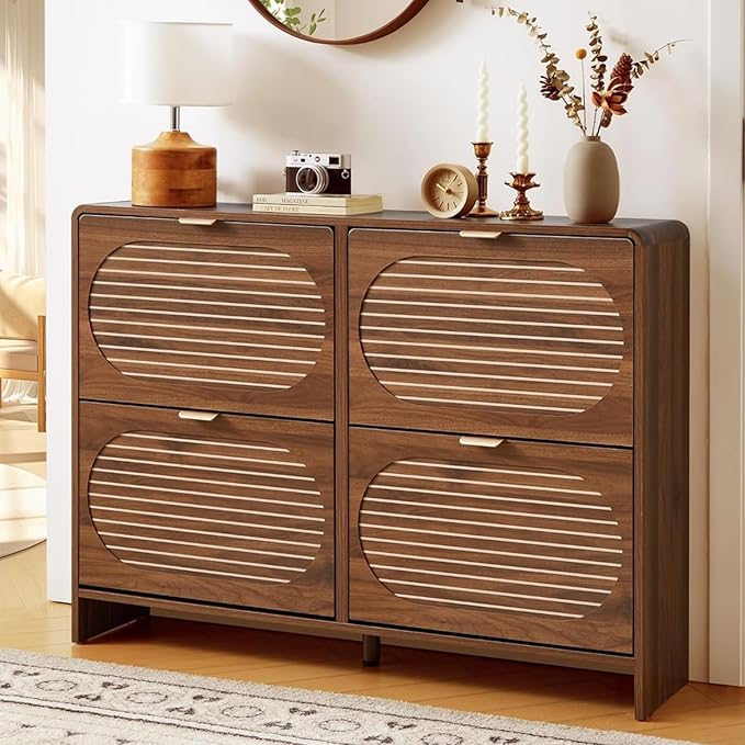 Curved Shoe Storage Cabinet for Entryway with 4 Flip Drawers, Wood Narrow Shoe Cabinet with Arched Panel, Freestanding Shoe Organizer Closed Shoe Rack for Hallway, Foyer, Walnut