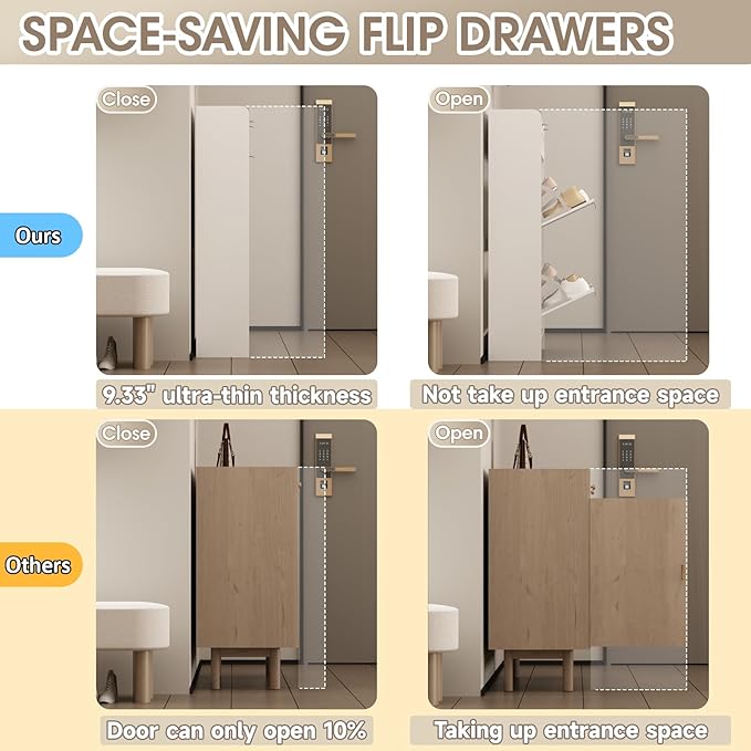 Rattan Shoe Storage Cabinet with 2 Flip Drawers & 2 Drawers, Freestanding Organizer for Front Door Entrance, Hidden Narrow Shoe Rack Cabinet Storage for Entryway, Antique White