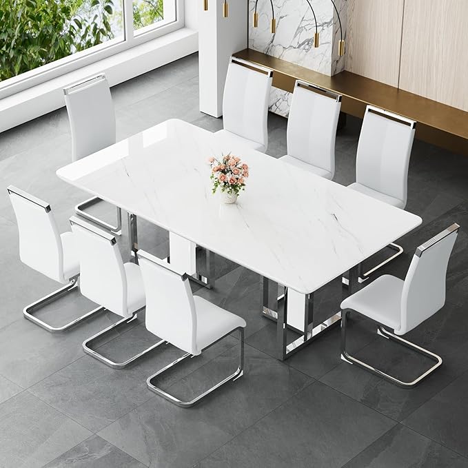 JUFU Dining Room Table Set for 8, Dining Set for 8 with 79'' Faux Marble Tabletop and Sturdy T-Shape Leg, White Rectangle Dining Room Set for 8 PU Chairs, Perfect for Dining Room and Kitchen