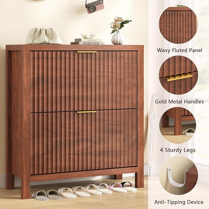 Shoe Cabinet Storage for Entryway, Fluted Shoe Cabinet with 2 Flip Drawers, Hidden Shoe Rack Tall Freestanding Shoe Organizer with Legs for Hallway, Walnut