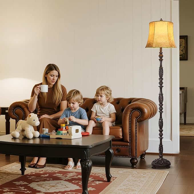 Scenekoy Vintage 66” Tall Floor Lamp for Living Room Bedroom, Retro Resin Carved Standing Lamp with Faux Leather Shade, 3-Way Adjustable Bulb, Rotary Switch Rustic Corner Light for Home Decor