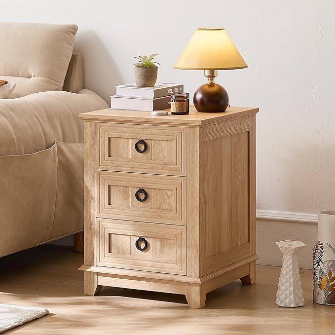 18" Farmhouse Night Stand with 3 Drawers, Wood Bedside End Table, Natural Nightstand, Bed Side Table Cabinet with Metal Handle for Bedroom Living Room, Closet