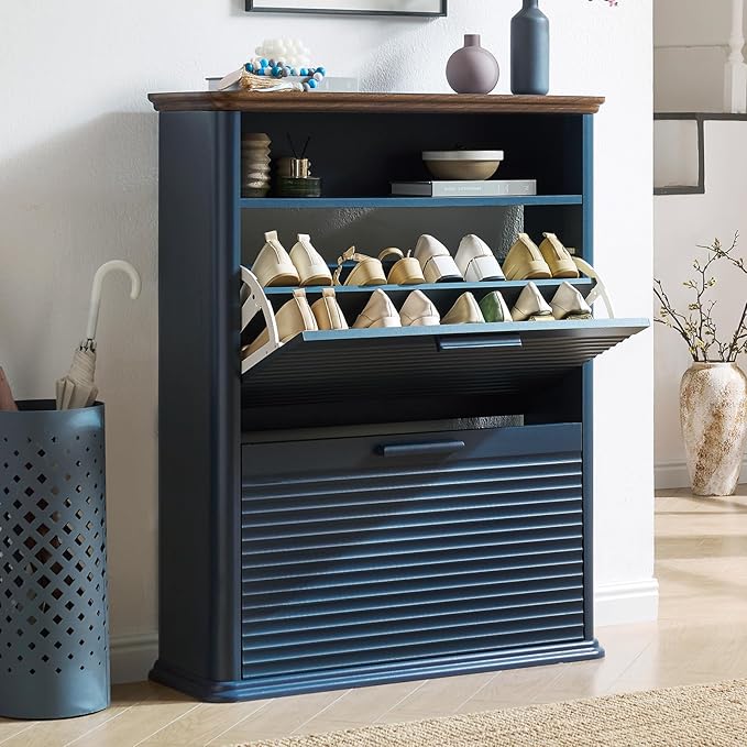 Okvnbjk Fluted Narrow Shoe Cabinet with 2 Flip Drawers, Hidden Shoe Storage Cabinet with Open Storage & Curved Profile Design, Wood Shoes Rack for Entryway, Hallway, Navy Blue