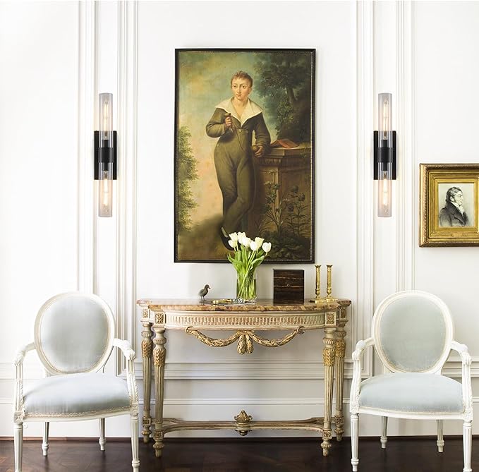 Black Wall Sconce for Bathroom Vanity, Copper Wall Light Fixtures, 22.8" Modern Two Glass Tube Wall Sconce, Indoor Wall Mounted Sconce for Bathroom Mirror, Bedroom, Living Room