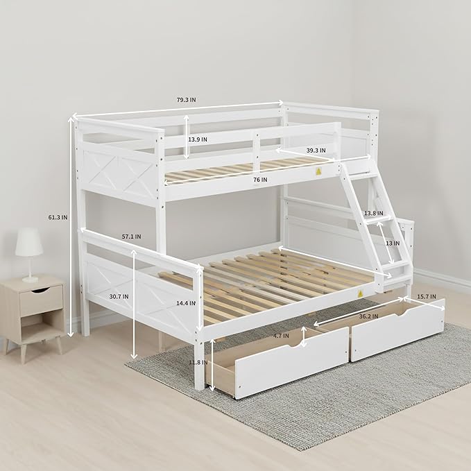 Twin Over Full Bunk Bed with Drawers, Convertible to 2 Separate Beds, Twin Bed Frame with Storage, Ladder and Safety Guardrails, No Box Spring Needed, Perfect for Kids Teens Adults Bedroom, White
