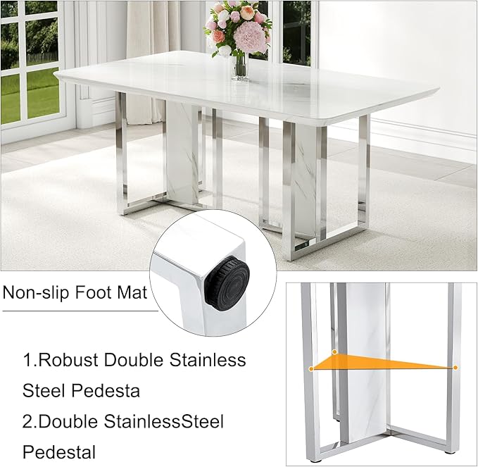 67'' Modern Dining Table Set for 6,White Kitchen Table Set,Luxury Dining Table Set with 1.8-inch Thick Faux Marble Table Top＆6 Pu Leather Upholstered Chairs Ideal for Dining kicken Room