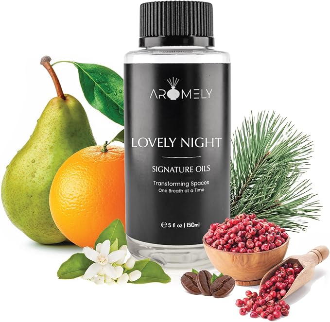 AROMELY Lovely NIGTH Diffuser Oil Scent - Essential Oils for Diffusers Aromatherapy - Sophisticated Aroma Blend of Sweet Orange Oil, Pink Pepper, Nerol - 150ml