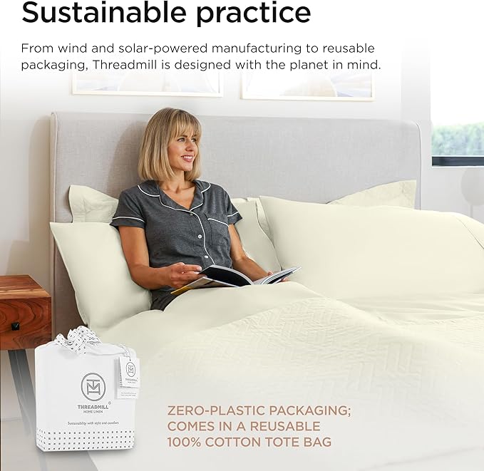 Threadmill 100% Cotton Sheets for Twin XL Size Bed - 600 Thread Count Twin XL Bed Sheets Set with 15” Deep Pocket - Sateen Weave 3-Piece Bedding Set with Cooling Effect, Ivory