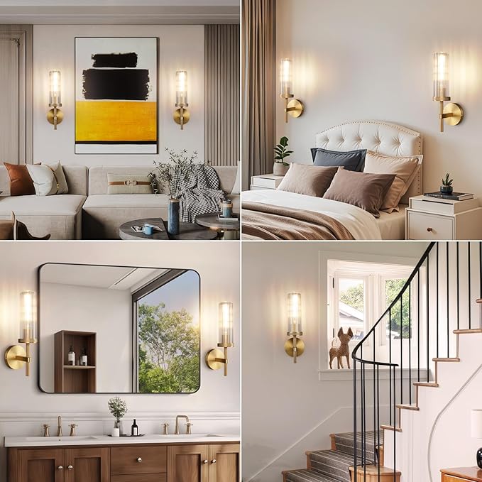 15" Knurled Brass Wall Sconces Set of 2, Gold Bathroom Vanity Light Fixtures with Vertical Striped Glass Tube, Modern Lamp Lighting for Bedroom, Living Room, Hallway, Staircase, Mirror, Kitchen