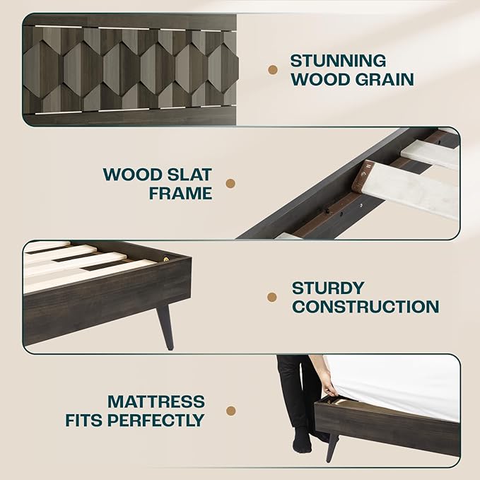 Bme Georgina Signature Mocha Bed Frame, Queen Bed Frame and Headboard Handcrafted Geometric, Mid Century Modern, Solid Acacia Wood, No Box Spring Needed, 12 Strong Wood Slats Support, Easy Assembly