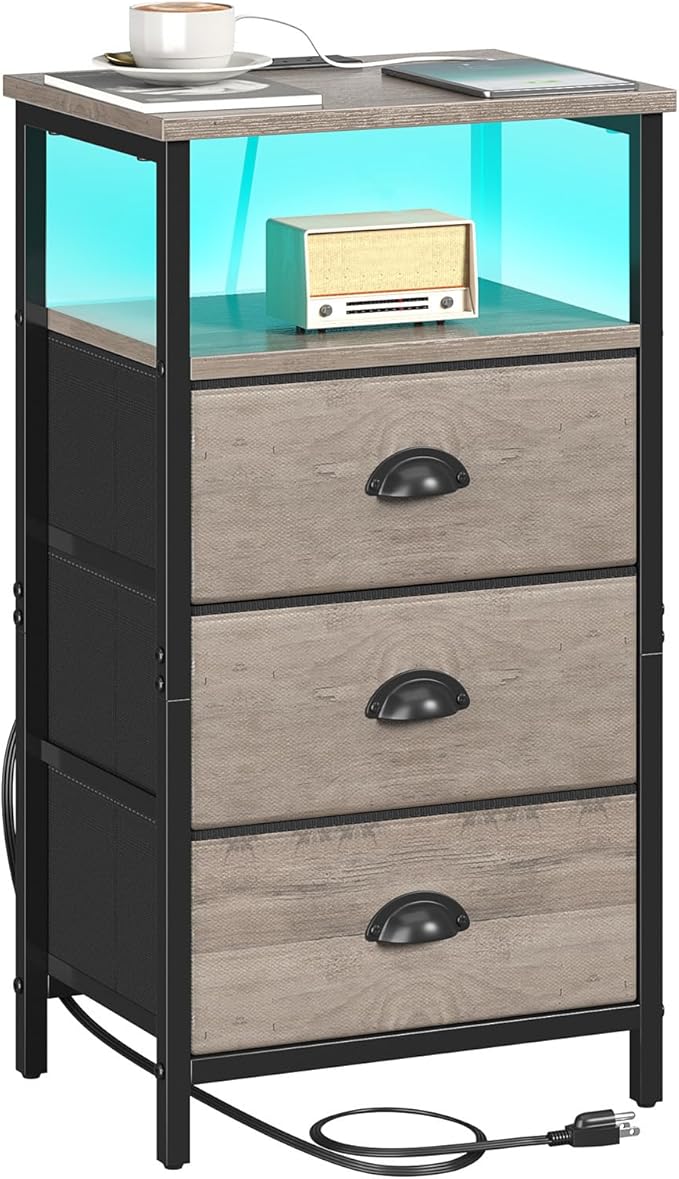Nightstand with Charging Station,LED Nightstand with 3 Fabric Drawers, Bedside End Tables, 2-Tier Open Storage Shelf, Side Table Nightstand with Drawers for Bedroom,Grey