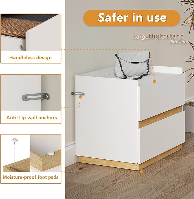 Large Modern Nightstand White Bedside Table, 2 Drawer Dresser Wood Stackable Storage Drawers for Clothes for Closet, Bedroom, 24"x16"x20"