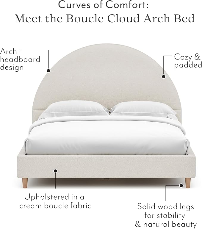DG Casa Boucle Cloud Bed Frame with Arch Shaped Headboard, Upholstered in Soft Fabric, Platform Bed Frame with Solid Wood Legs - Boho or Modern Style - No Box Spring Needed - Queen Size