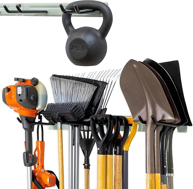 StoreYourBoard Wall-Mounted Rack With 4 Garage Hooks – Heavy-Duty Steel Holder Garage & Garden Storage for Shed, Workshop, or Home Organization – For Rakes, Shovels, Tools & More – 1 Pack, Cactus