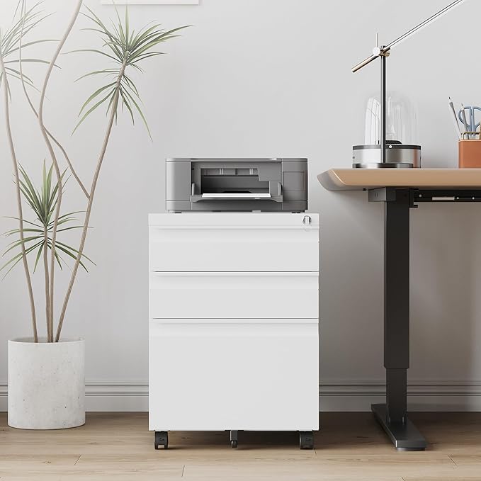 3 Drawer File Cabinet，Mobile Filing Cabinet with Lock and Wheels，Fully Assembled Metal Under Desk File Cabinets for A4/Letter/Legal Size（White