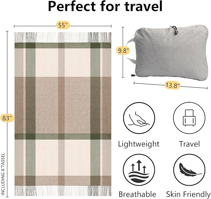 Oversized Cream Check Throw Blanket for Couch,100% Wool Throw Blanket for Home Decor, Soft Lightweight Cozy All Season Decorative Vintage Blankets for Travel,Bed, Sofa, Chair, Outdoor 2LBS