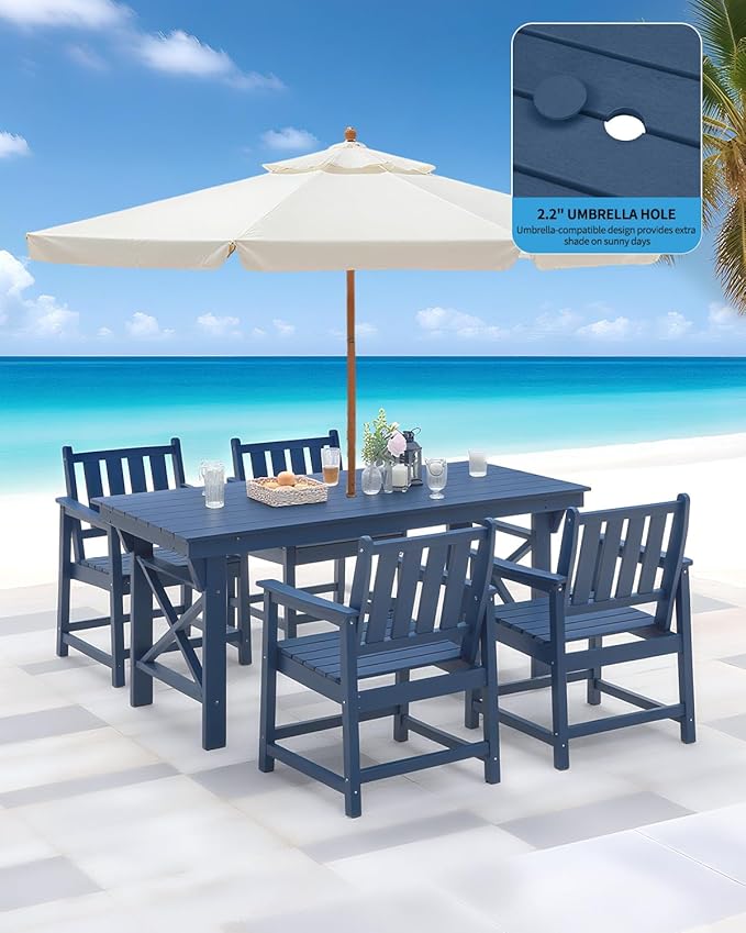 QUASCO Outdoor Patio Dining Table Set, 5-Piece Outdoor HDPE Dining Furniture Sets with Umbrella Hole Table and 4 Chairs, All Weather for Backyard, Garden, Poolside, Lawn, Navy