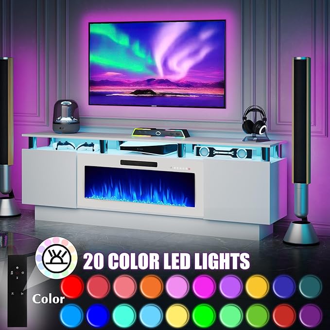 70" Modern Fireplace TV Stand with 36" Electric Fireplace for TVs Up to 80 inch, Luxury LED Light Entertainment Center with High Gloss Cabinet (White + Silver Posts with White Fireplace)
