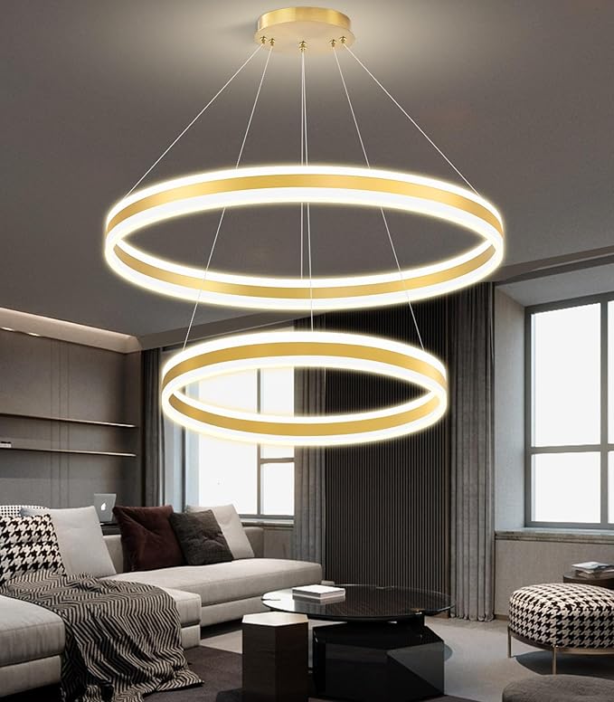 D23.6''+31.5'' Modern Ring Chandelier for Dining Room LED Dimmable Pendant Lighting High Ceiling Chandelier for Living Room Foyer Bedroom Entryway 3000K-6000K Gold