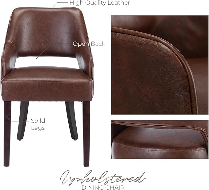 Modern Dining Chairs Set of 4 Upholstered Faux Leather Accent Side Chair with Mid Open Back & Wood Legs, Arm Chair for Home Kitchen and Restaurant, PU Brown