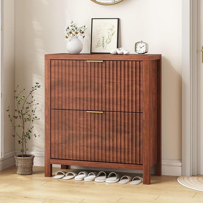 Shoe Cabinet Storage for Entryway, Fluted Shoe Cabinet with 2 Flip Drawers, Hidden Shoe Rack Tall Freestanding Shoe Organizer with Legs for Hallway, Walnut