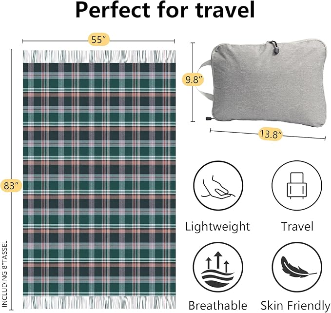 Green Plaid Throw Blanket for Couch,100% Wool Throw Blanket for Home Decor, Soft Lightweight Cozy All Season Decorative Vintage Blankets for Travel,Bed, Sofa, Chair, Outdoor 55"x83"/1.5LBS