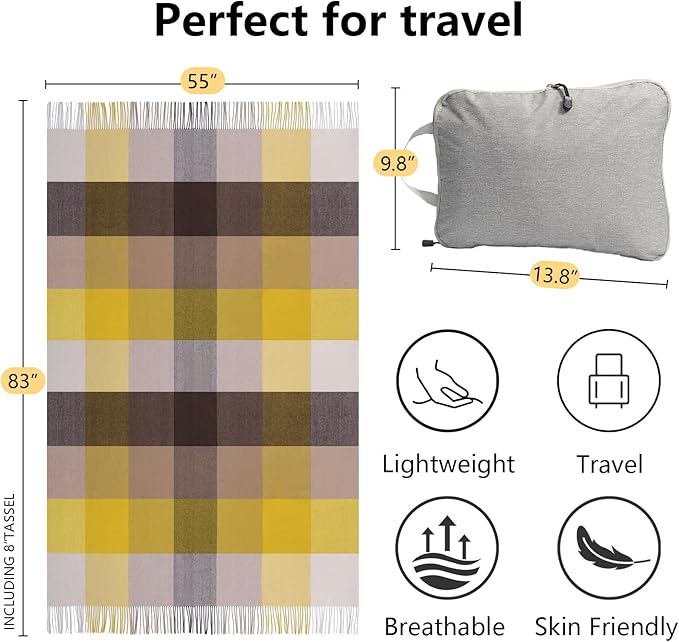 Yellow Gingham Throw Blanket for Couch,100% Wool Throw Blanket for Home Decor, Soft Lightweight Cozy All Season Decorative Vintage Blankets for Travel,Bed, Sofa, Chair, Outdoor 55'' x 83''/2LBS