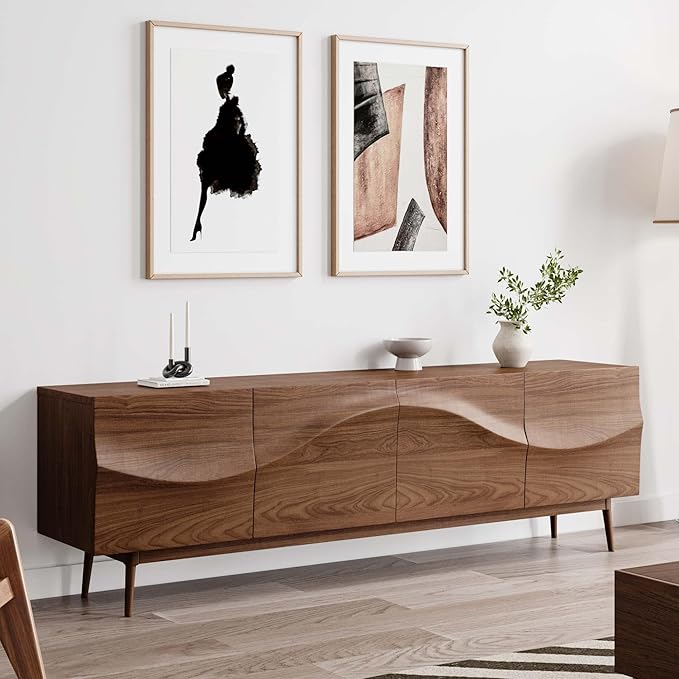 POVISON Wood Media Console, Mid Century TV Stand for 75+ Inch TV, Assembly-Free Living Room TV Cabinet, 70"