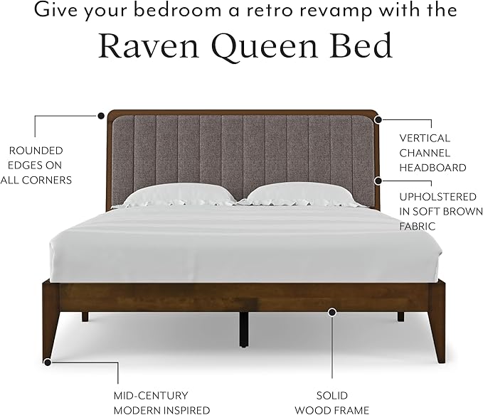 DG Casa Raven Solid Wood Queen Size Bed Frame - Mid Century Modern Style, Platform with Tufted Upholstered Adjustable Height Headboard, No Box Spring Required, Walnut Finish (Brown, Queen)