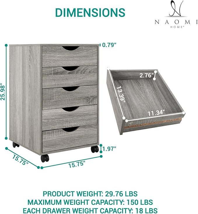 5-Drawer Rolling Storage Cart Organizer - Mobile Under Desk Dresser with Lockable Wheels, Grey Oak Engineered Wood for Home Office Dorm, Compact 15.7 x 15.7 x 26 Inches
