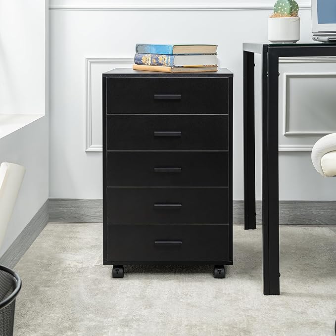 Naomi Home 5-Drawer Under Desk Rolling Storage Cart - Mobile Organizer with Lockable Casters, Black Engineered Wood for Office Dorm Apartment, Scratch-Resistant 15.7 x 15.7 x 26 Inches
