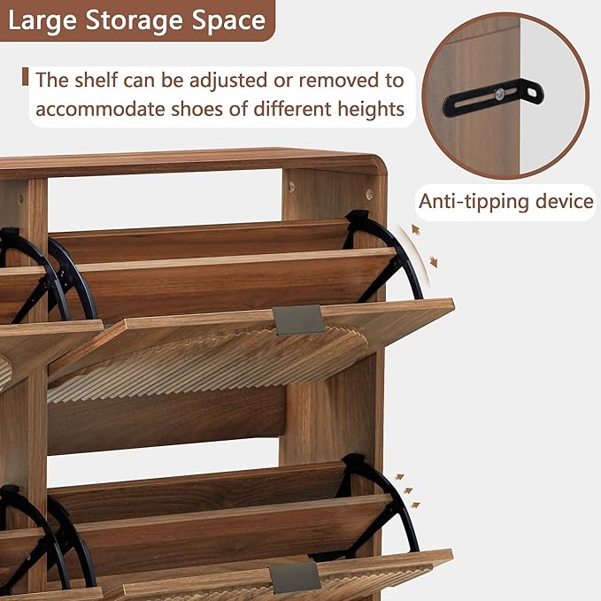 Shoe Storage Cabinet for Entryway, Narrow Shoe Organizer Cabinet, 4 Flip-Down Drawers, Round Fluted Panel, Hidden Wood Slim Shoe Rack for Foyer, Hallway (Walnut)